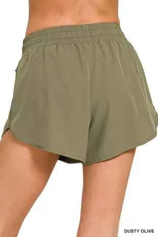 Women's Zenana Soft Woven Lined Shorts Drawstring Zip Pocket Dusty Olive S-L