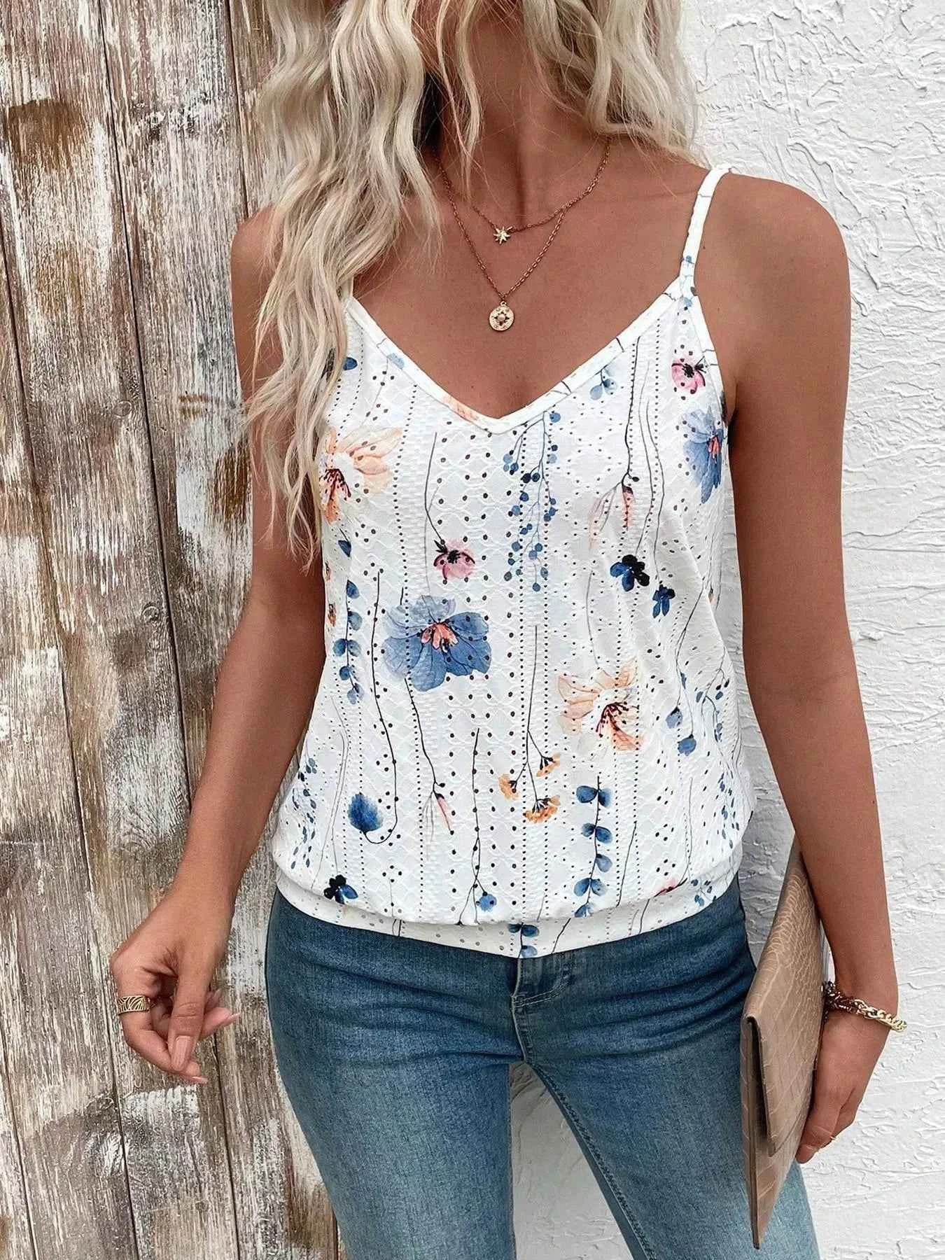 Floral Print V-Neck Casual Cami Light Blue