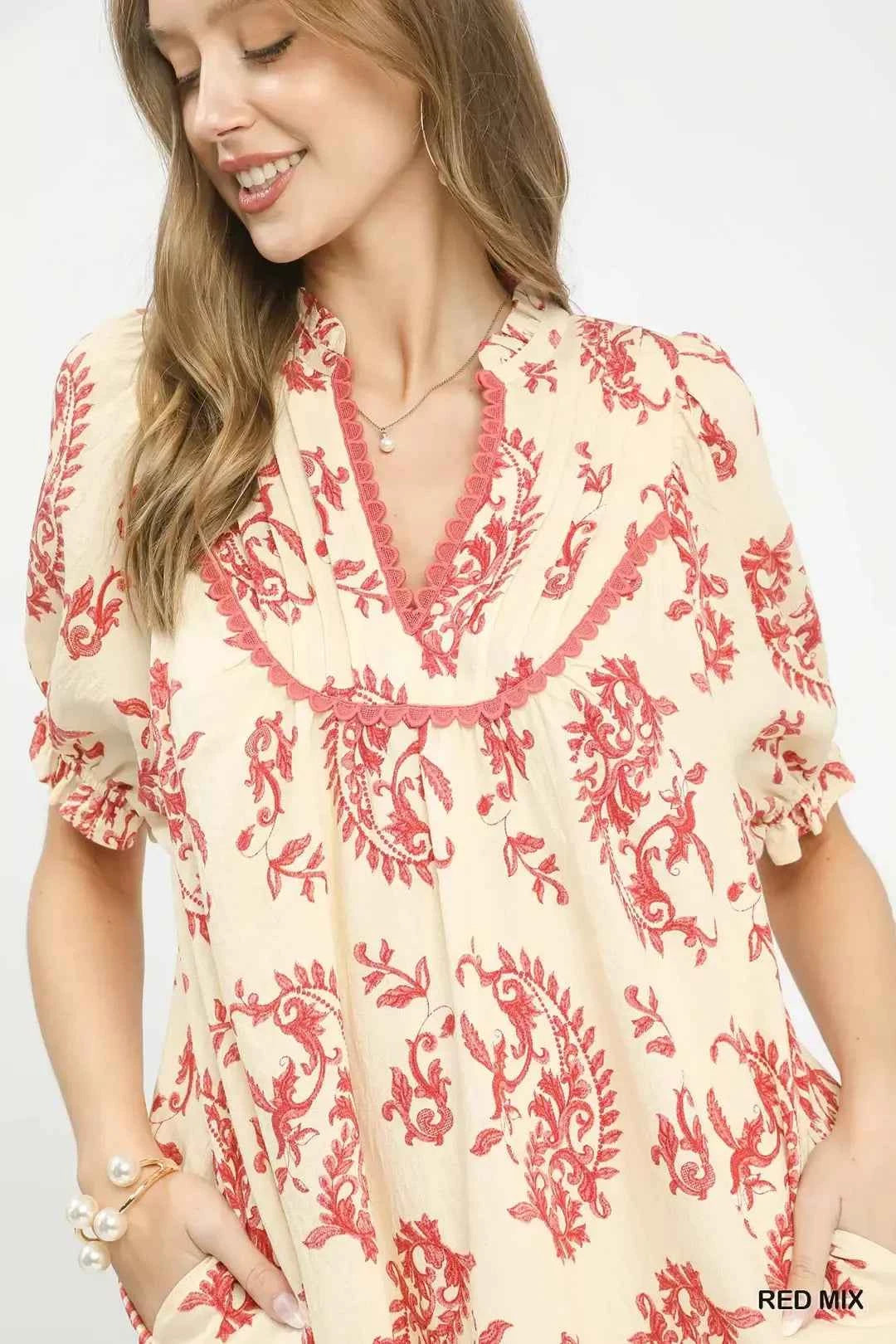 Women's Umgee Paisley Scallop Trim V-Neck Dress Lace Detail Red Beige Mix S-L