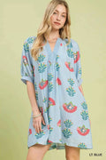 Umgee Women's Bold Abstract Print Mini V-neck Dress Casual Chic Light Blue S-L LT. BLUE