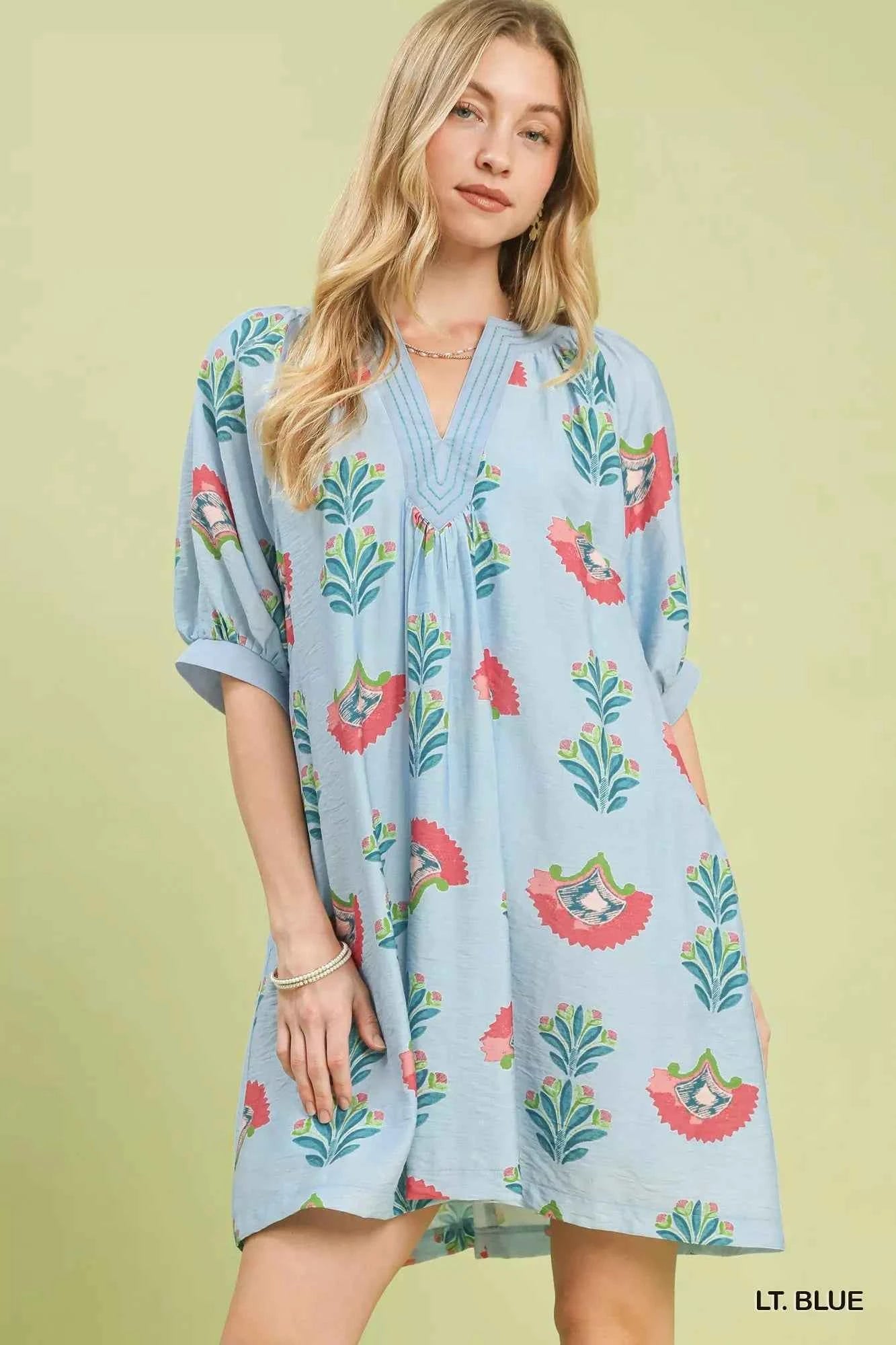 Umgee Women's Bold Abstract Print Mini V-neck Dress Casual Chic Light Blue S-L LT. BLUE