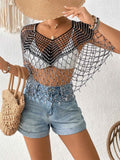 Women's Beaded Crochet Cover Up Cutout Beach Boho One Size Black White Gold Black One Size