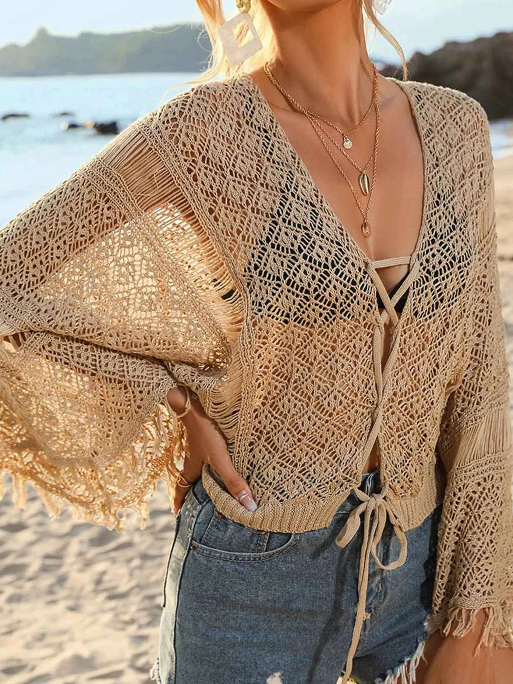 Women's Crochet Knit Tie Front Openwork Beach Cover-Up Top Multi Colors S-XL