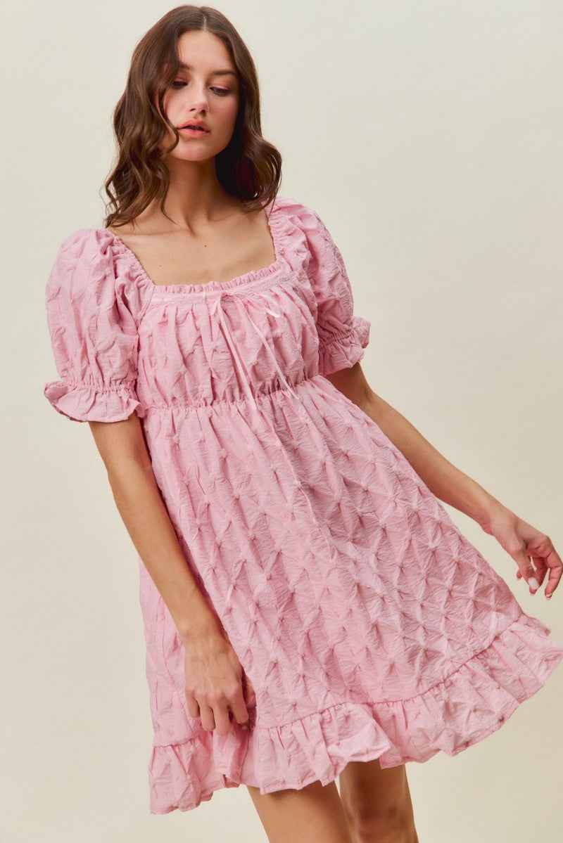 Women's SO ME Woven Ruched Bust Mini Dress Smocked Ruffle Pink S-XL