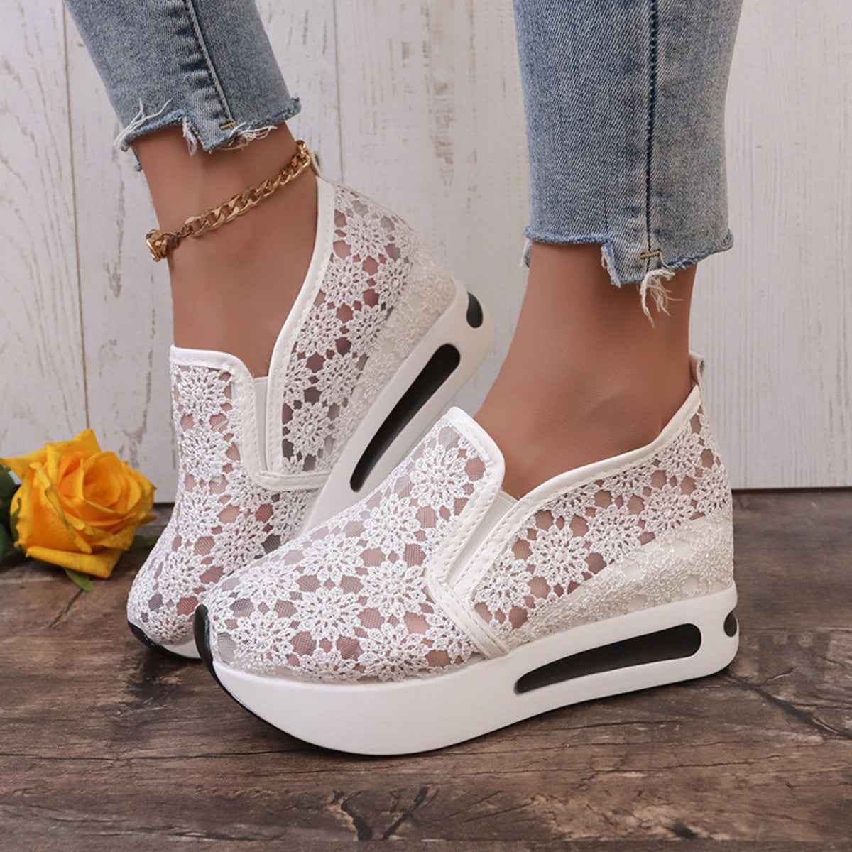Floral Lace Breathable Slip-Ons White