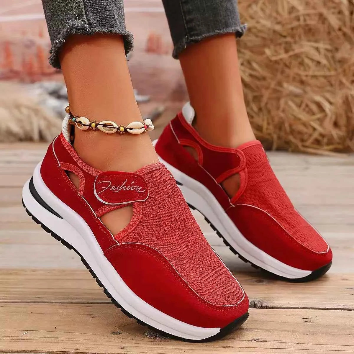 Women's Breathable Mesh Cutout Slip-On Flat Shoes Multi Colors US 5-11 Red