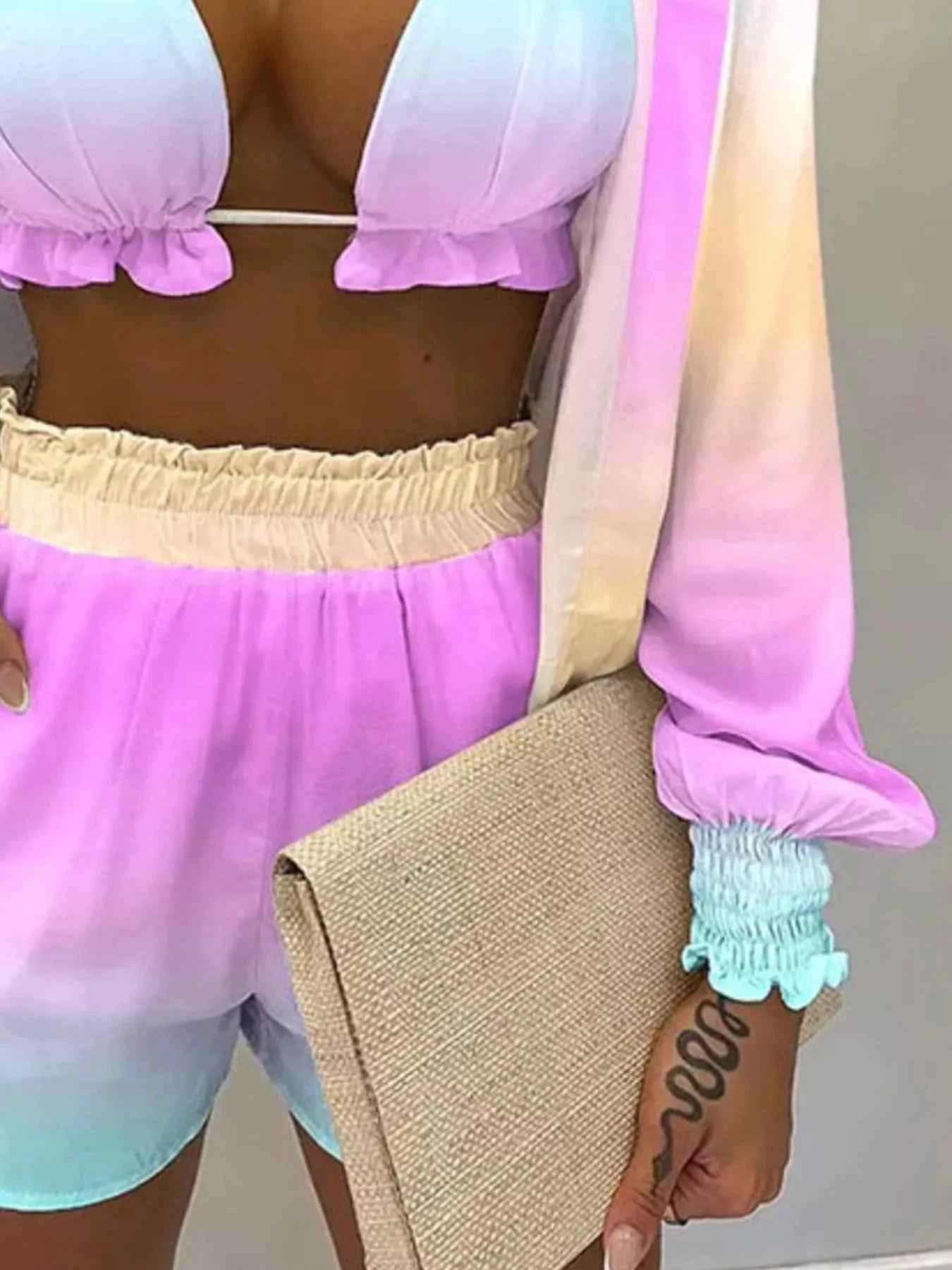 Women's Plus Size Halter Cami Shirt & Shorts 3-Piece Set Smocked Frill S-3XL