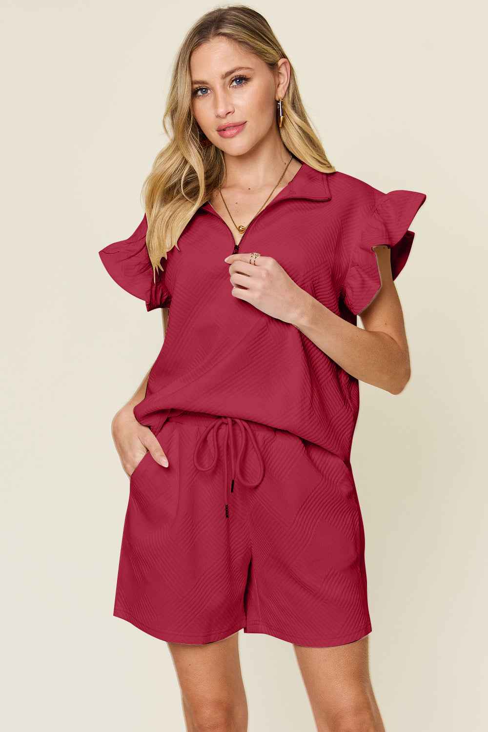 Double Take Women's Flounce Sleeve V-Neck Top Drawstring Shorts Set S-3XL Deep Red