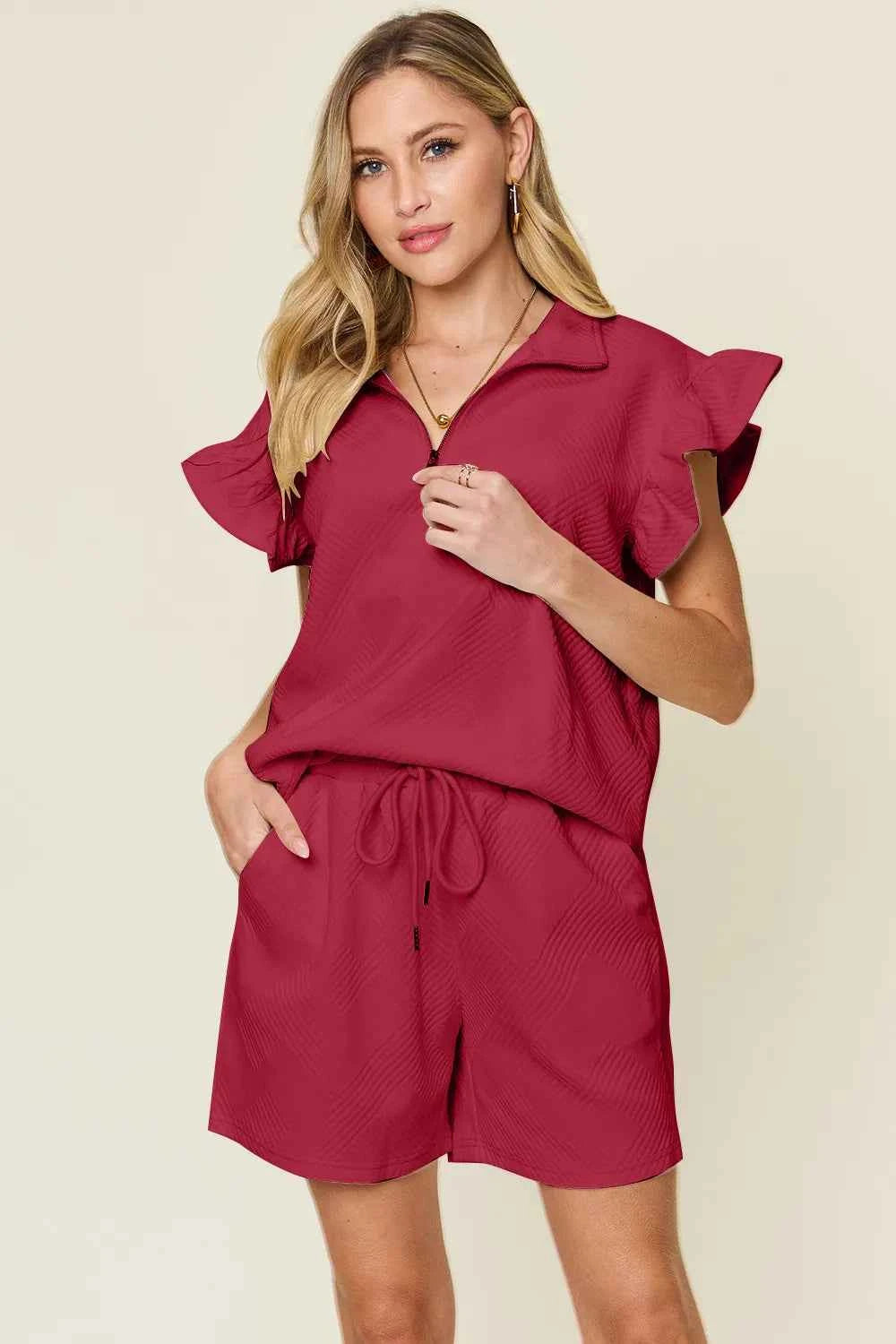 Women's Double Take Flounce Sleeve V-neck Top Shorts Set Two-Piece Multi Colors S-3XL