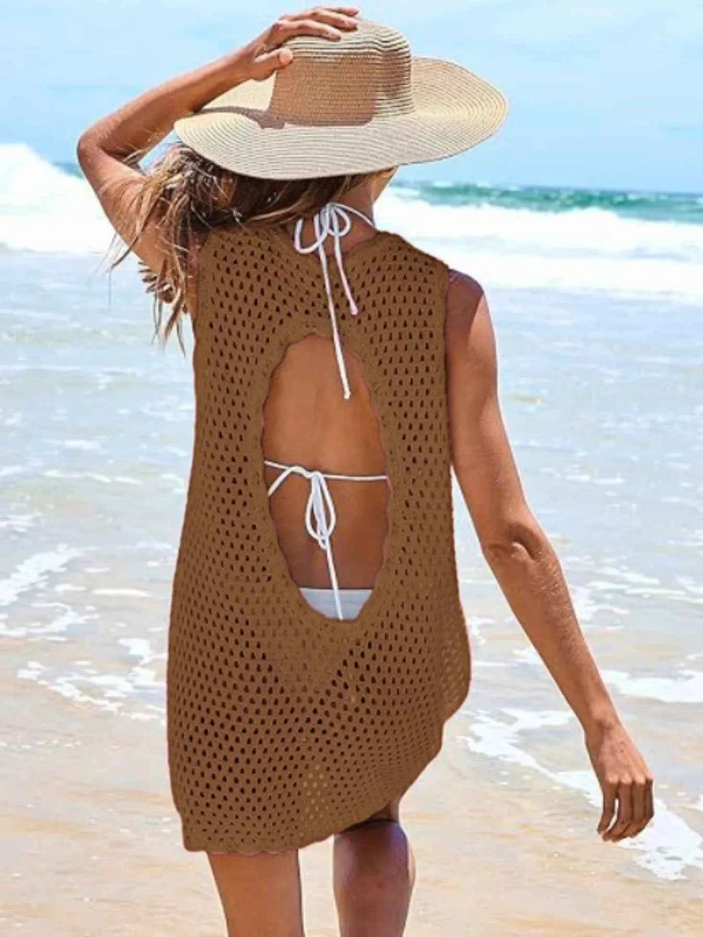 Women's Color Block Openwork Sleeveless Cutout Back Cover-Up Multi S-2XL