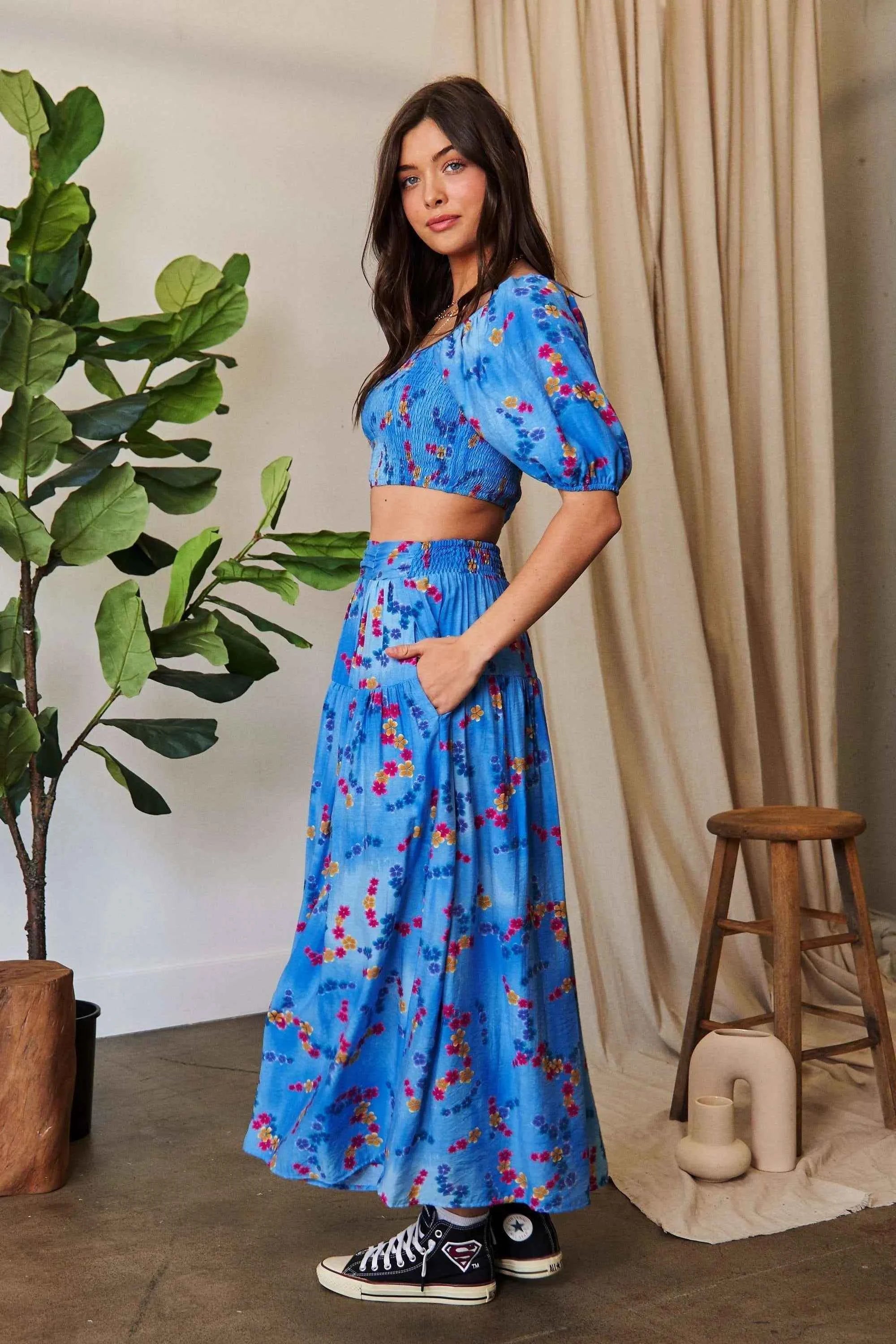 Davi & Dani Printed Smocking Waistband Ruffled Maxi Skirt