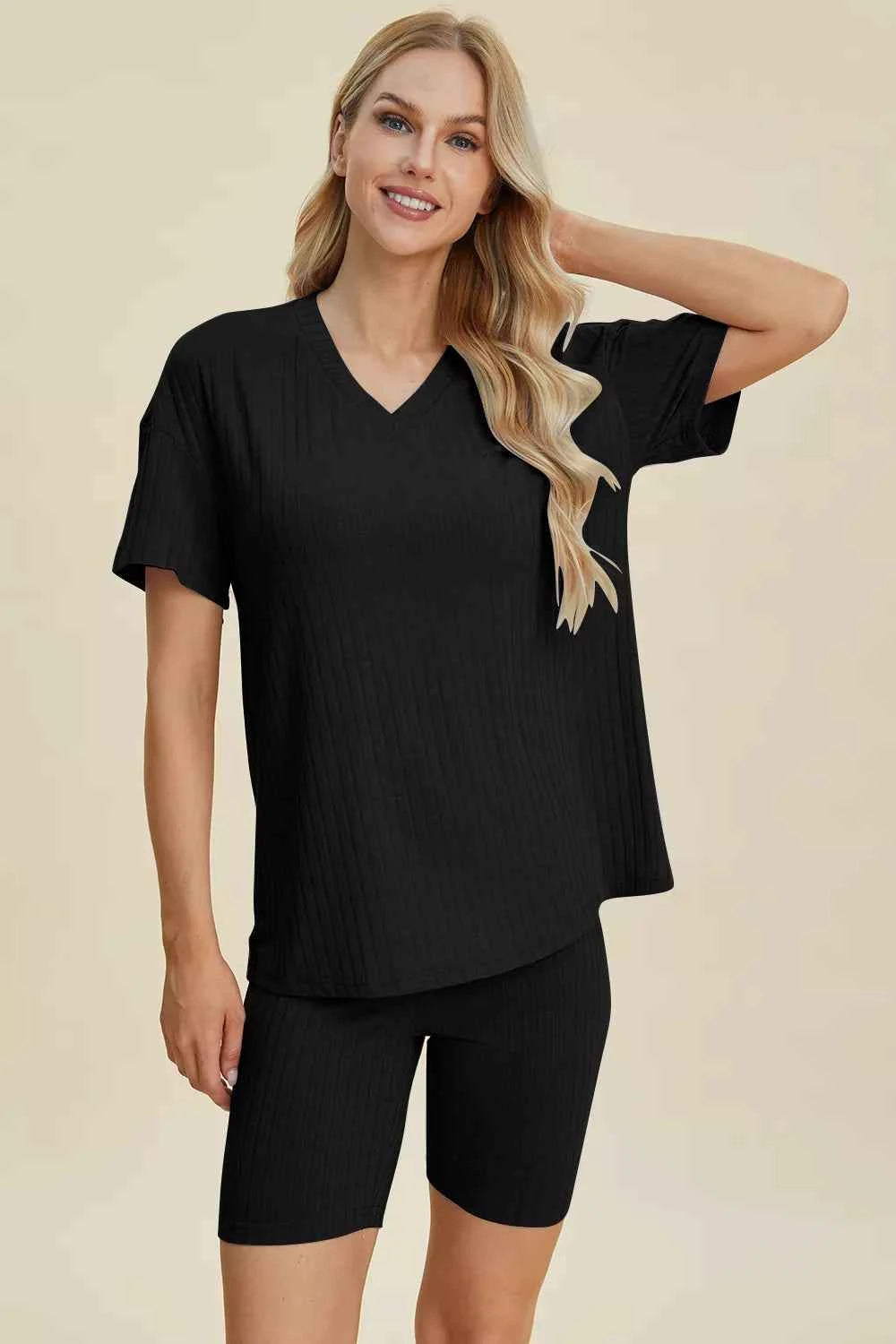 Women's Basic Bae Ribbed V-Neck Top and Shorts Set Two-Piece Multi Colors S-3XL Black
