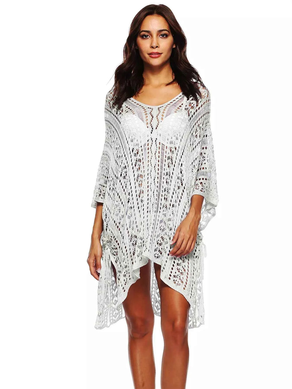 Women's Crochet Knit V-Neck Slit Cutout Beach Cover-Up Multi Colors One Size