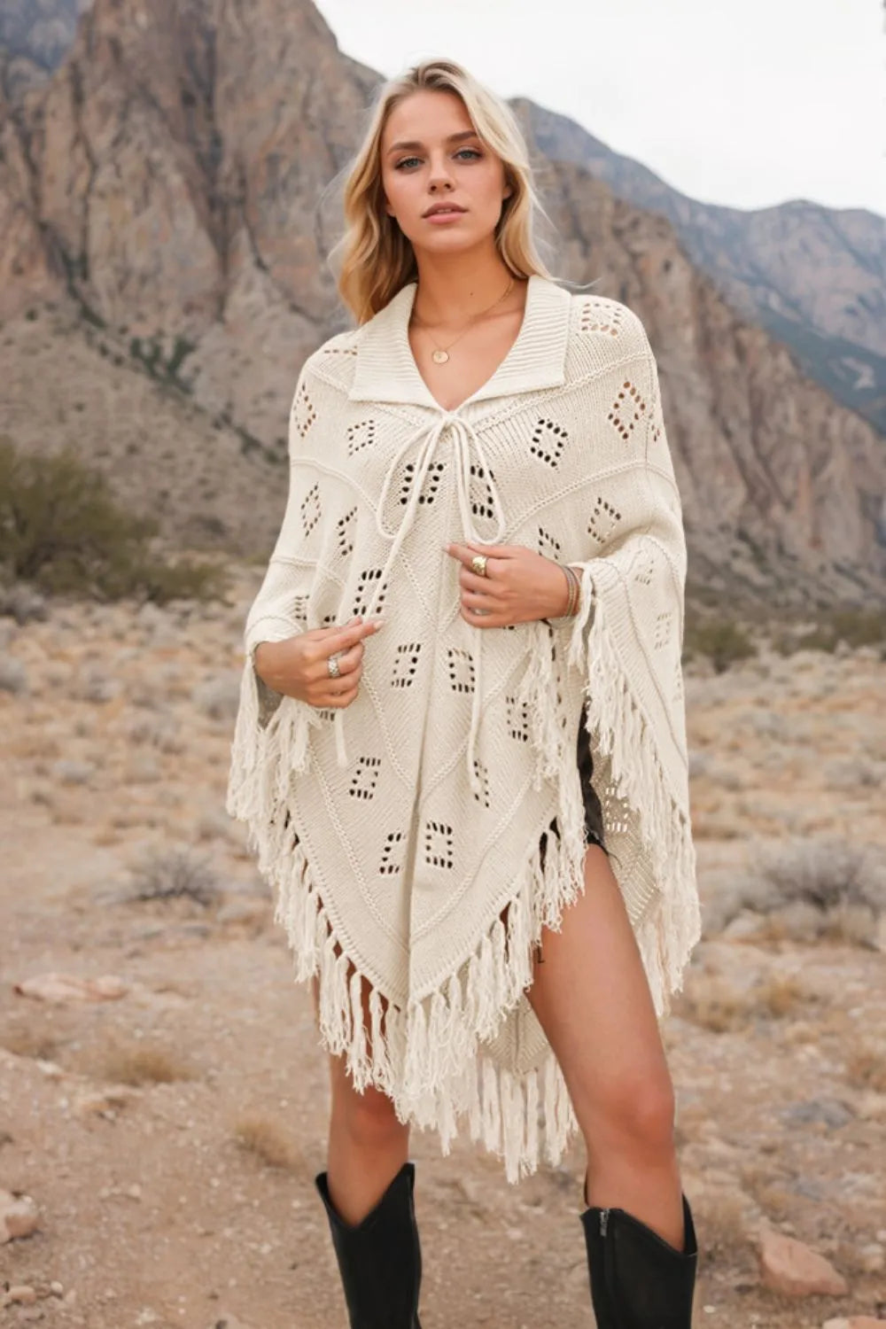 Tassel Hem Knit Cover Up Cream