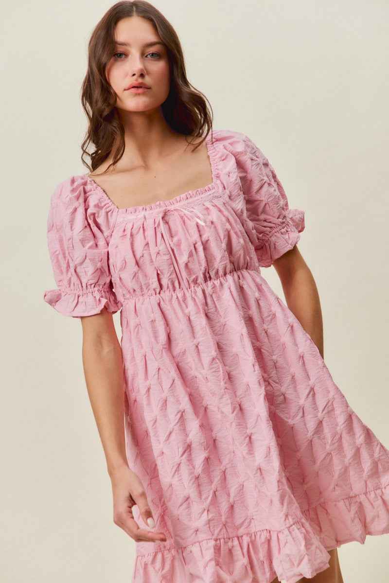 Women's SO ME Woven Ruched Bust Mini Dress Smocked Ruffle Pink S-XL