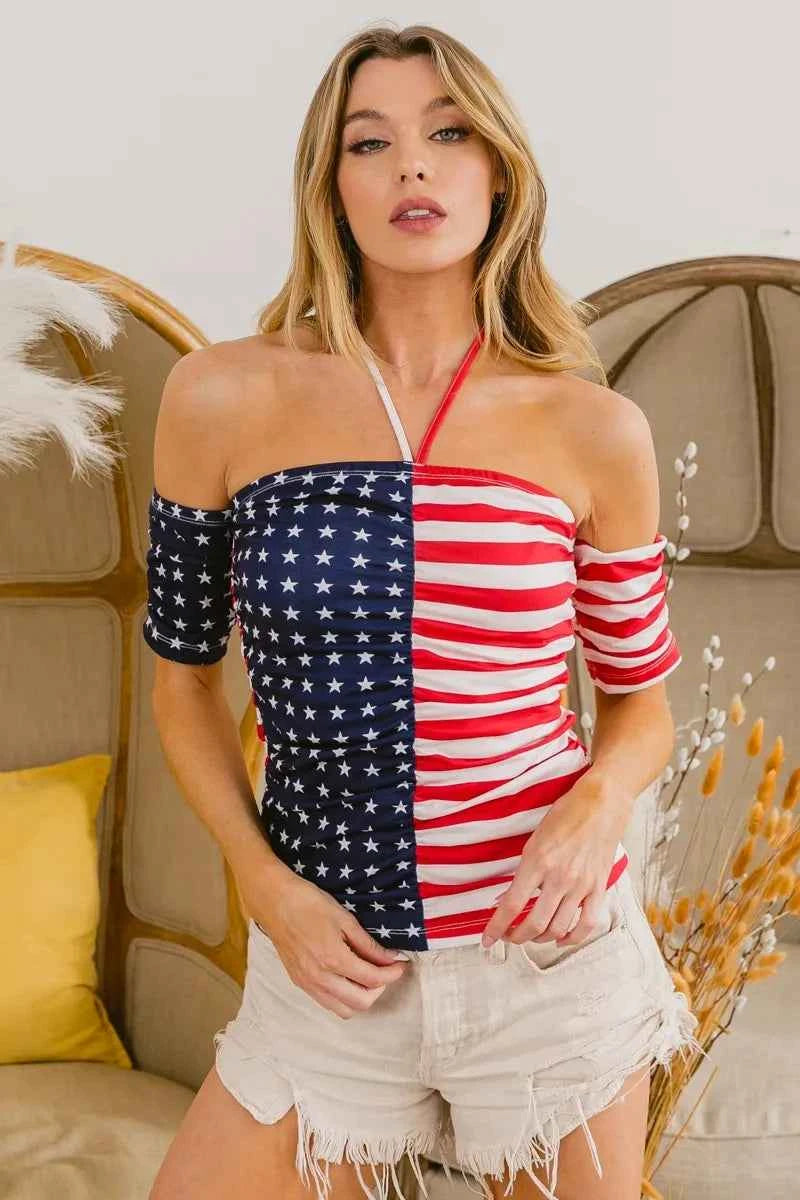BiBi Women's Patriotic American Flag Off Shoulder Ruched Tied Cutout Top Red S-L