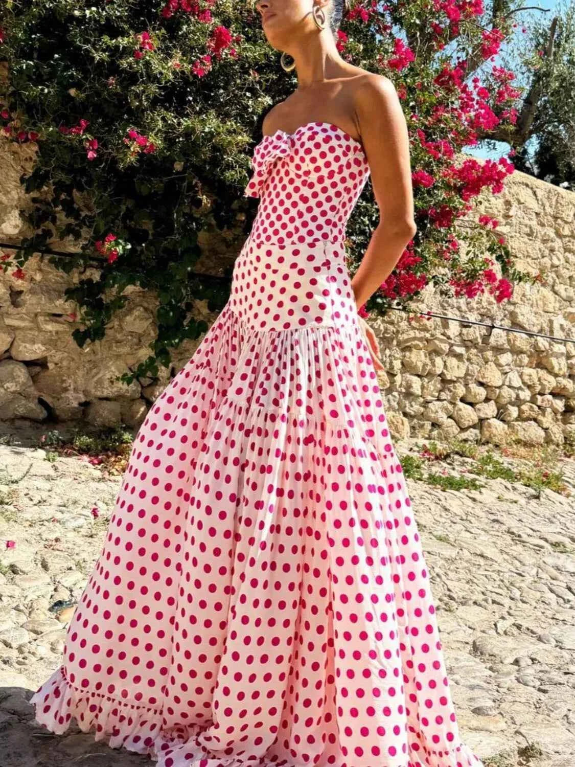 Women's Sweetheart Ruffle Bow Swimsuit & Skirt Set Polka Dot Hearts Print S-XL Red