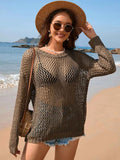 Women's Openwork Dropped Shoulder Cover Up Semi-Sheer Multi Colors S-XL Mocha