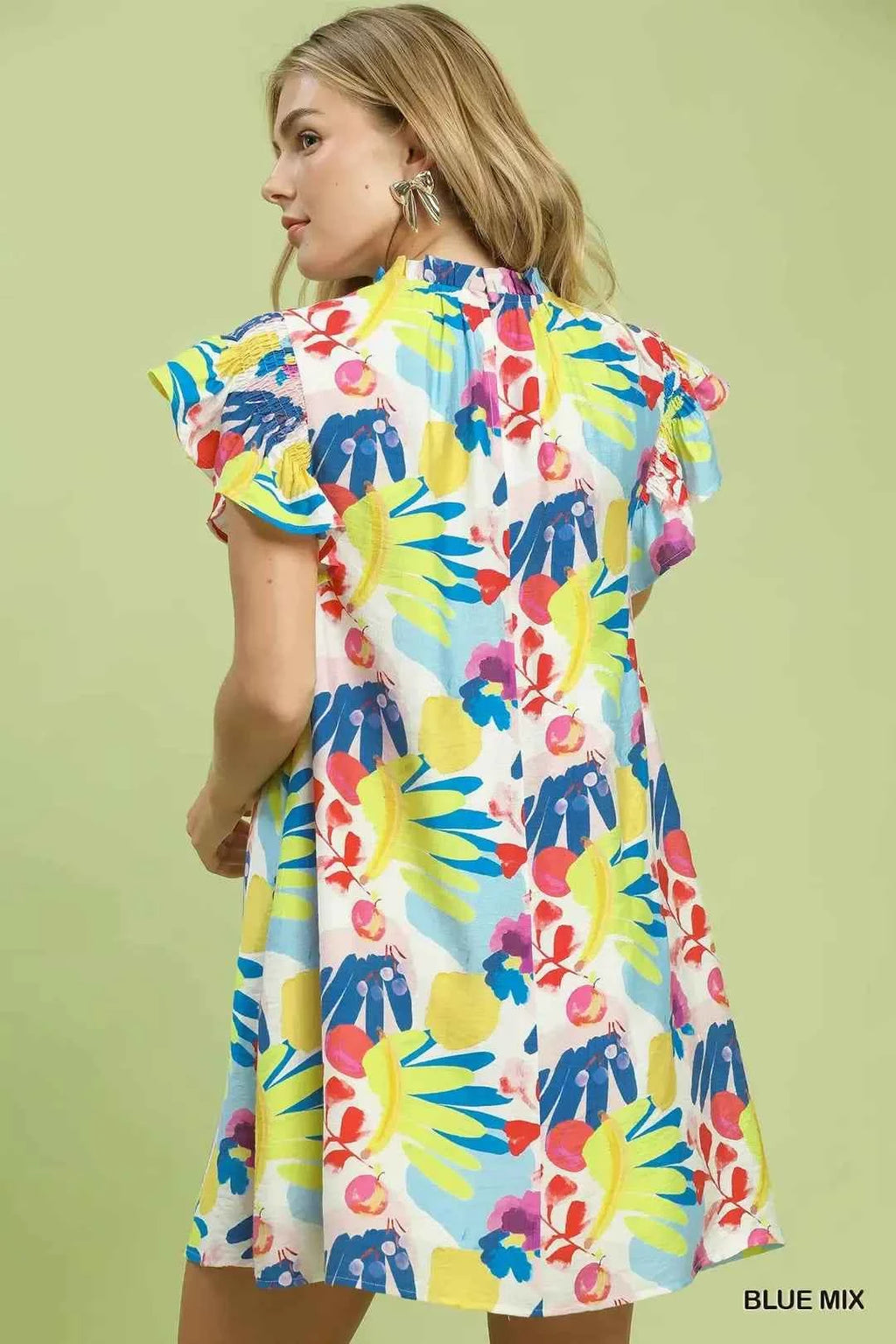Women's Umgee Botanical Print Ruffle Mini Dress Lined Blue Mix S-L