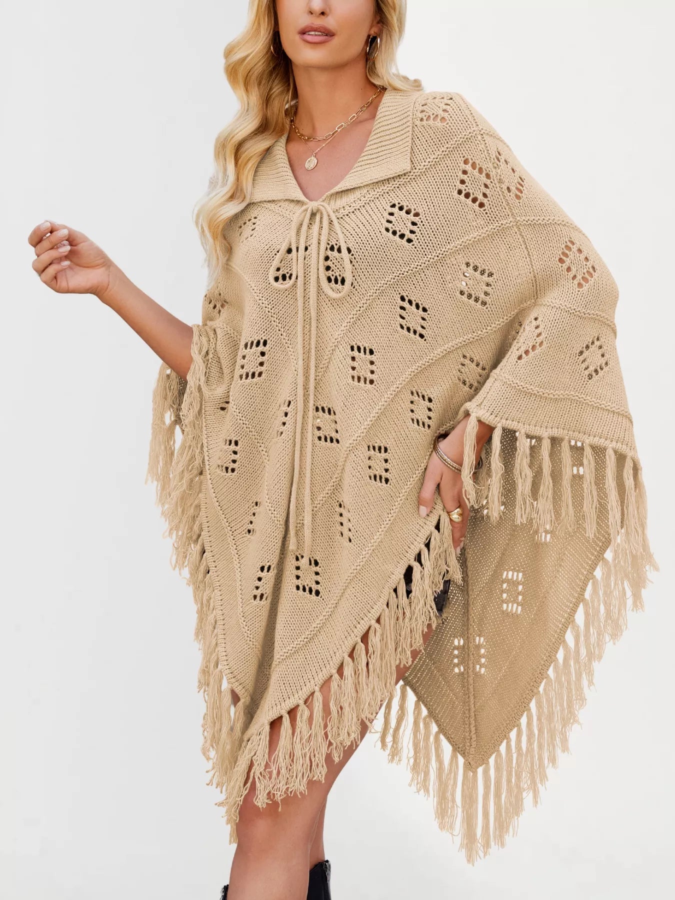 Women's Fringe Tassel Tie Openwork Knit Boho Beach Cover Up Multi Colors S-XL Yellow Maroon