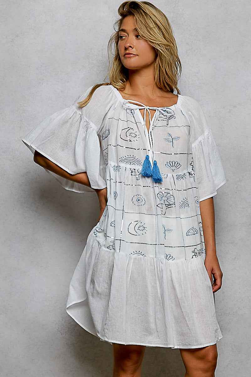 Women's Embroidered Tassel Mini Dress Square Neck Ruffle Sleeve Ivory S-M