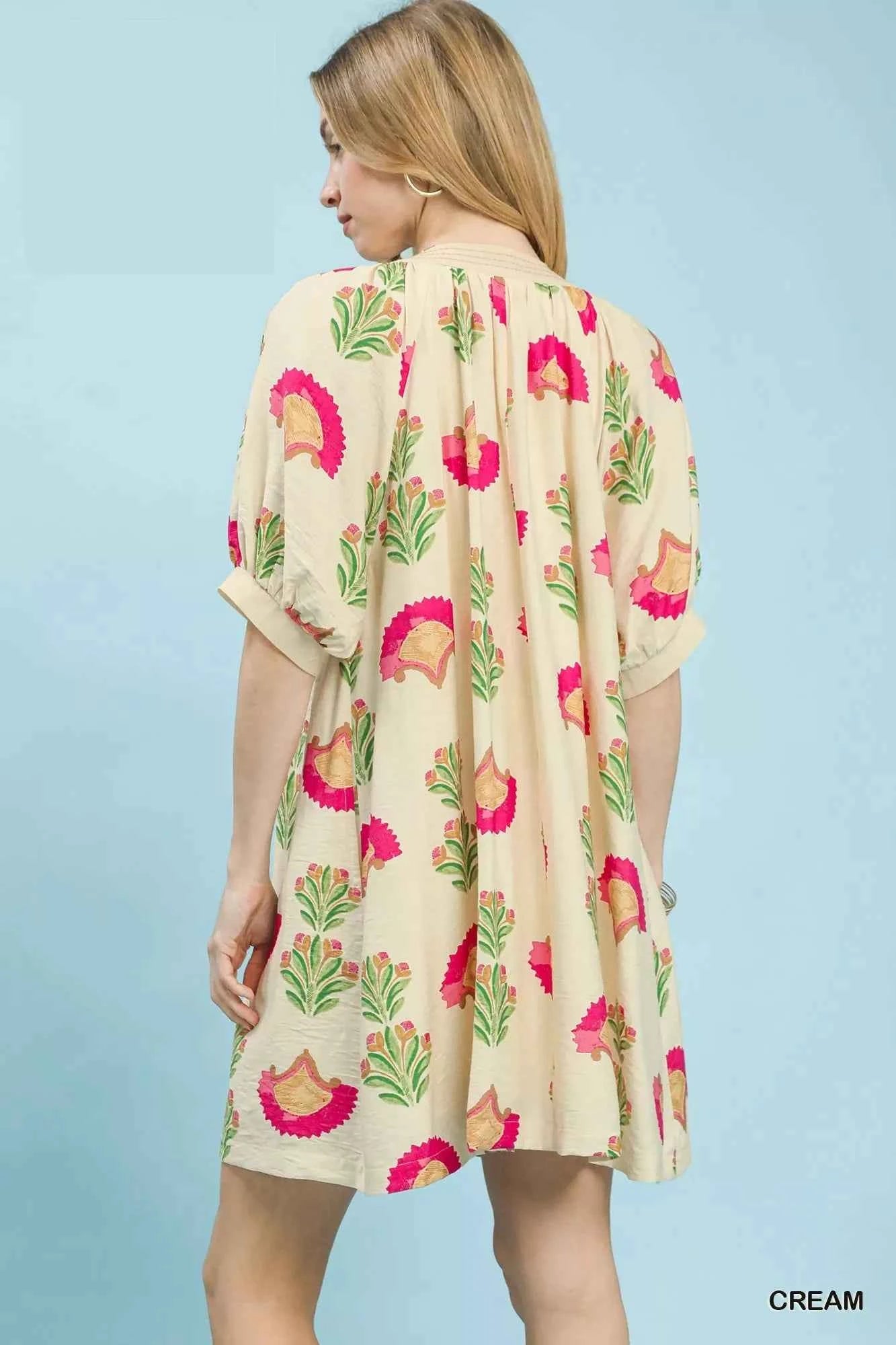 Umgee Women's Abstract Print Mini Dress Effortless Boho Style Cream S-L