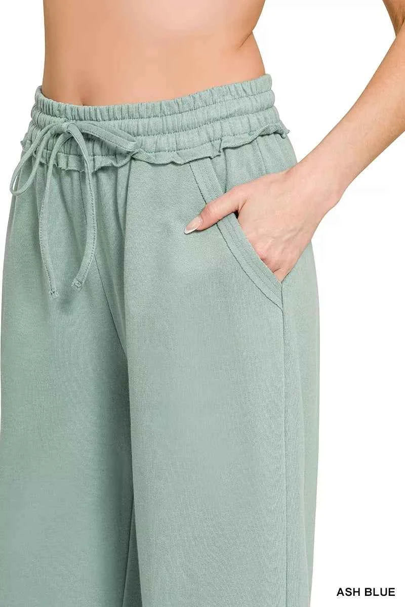 Zenana Women's French Terry Wide Leg Sweatpants Drawstring Ash Blue S-L