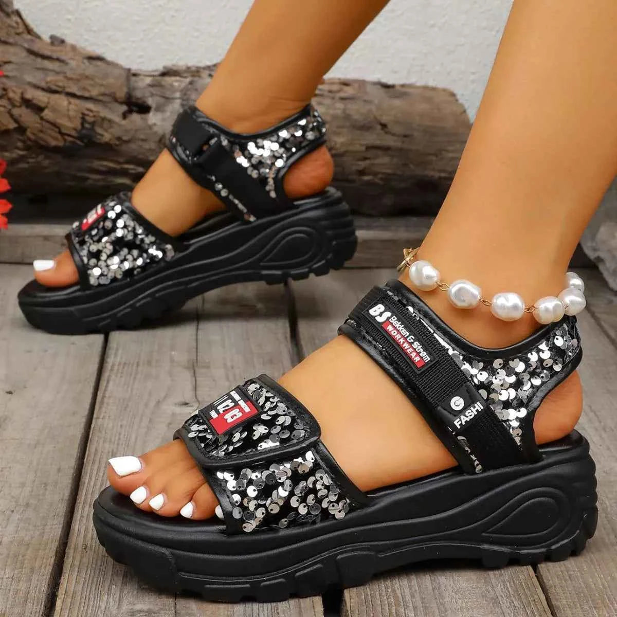 Women's Sequin Open Toe Platform Flat Sandals Slip-On Black White EU 35-42