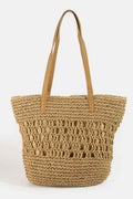 Women's Intricate Straw Braided Large Tote Bag Beach Summer Brown Beige Brown one size