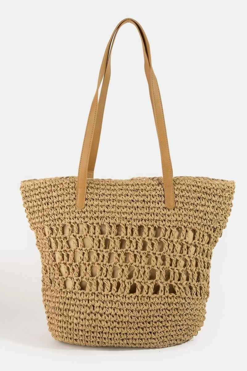 Women's Intricate Straw Braided Large Tote Bag Beach Summer Brown Beige Brown one size