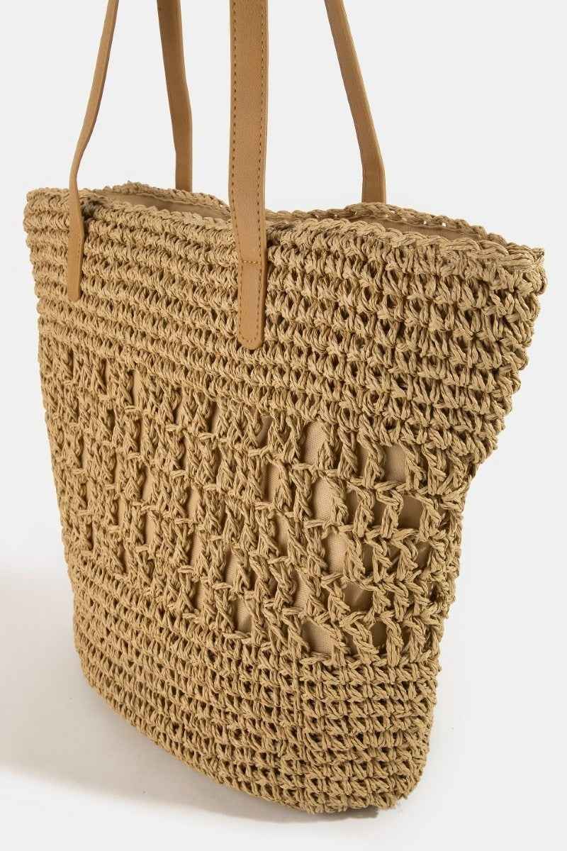 Women's Intricate Straw Braided Large Tote Bag Beach Summer Brown Beige