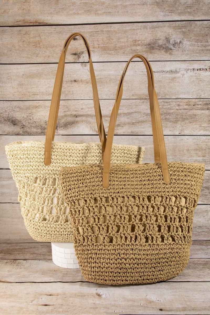 Women's Intricate Straw Braided Large Tote Bag Beach Summer Brown Beige