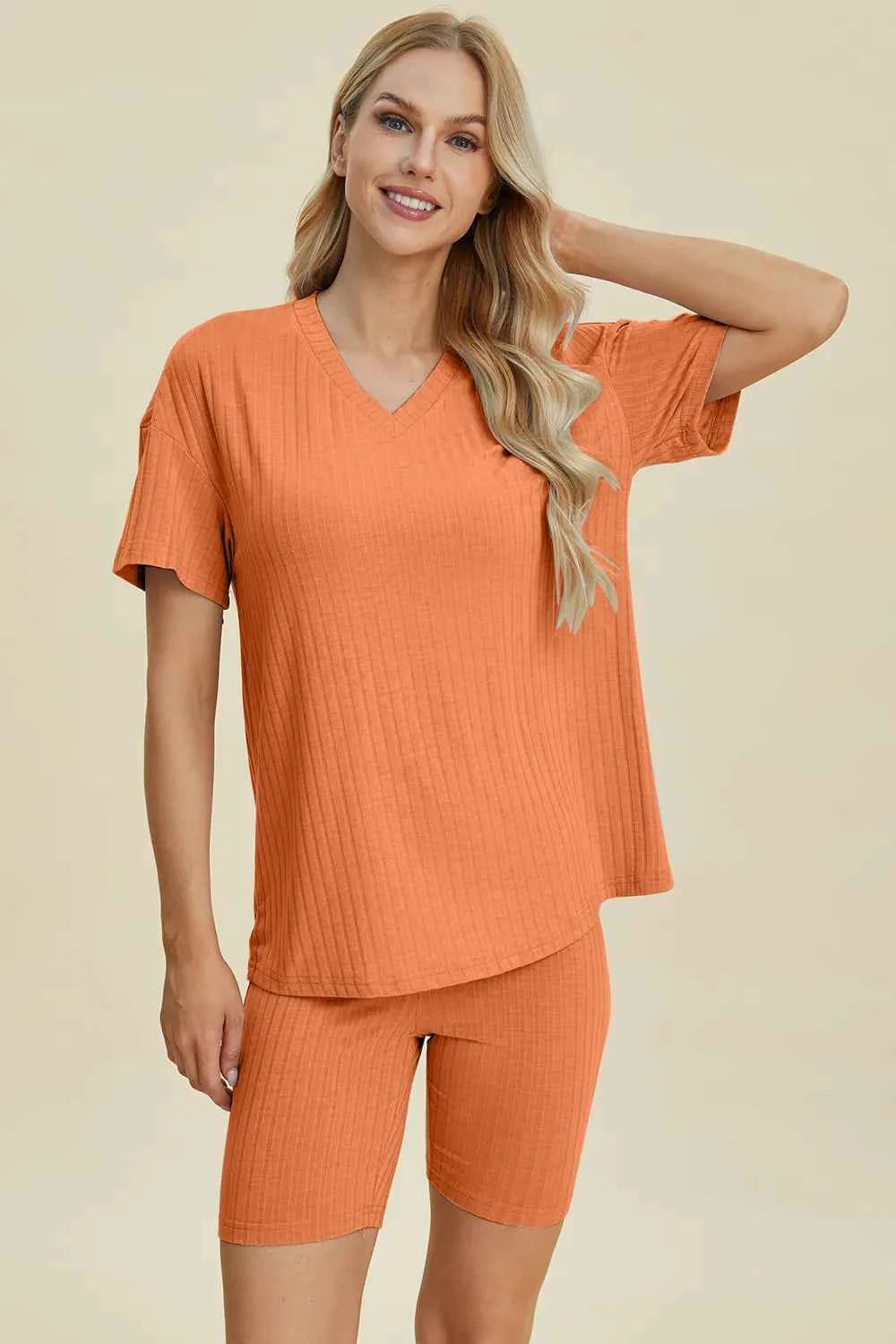 Women's Basic Bae Ribbed V-Neck Top and Shorts Set Two-Piece Multi Colors S-3XL Tangerine