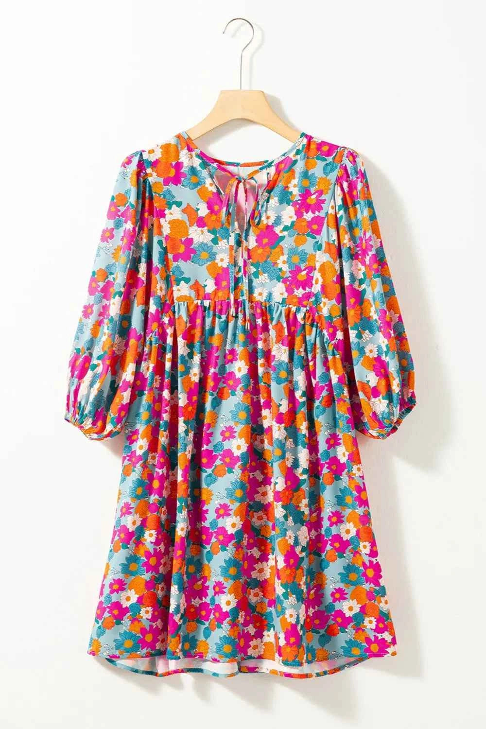 Floral Tie Neck Puff Sleeve Mini Dress