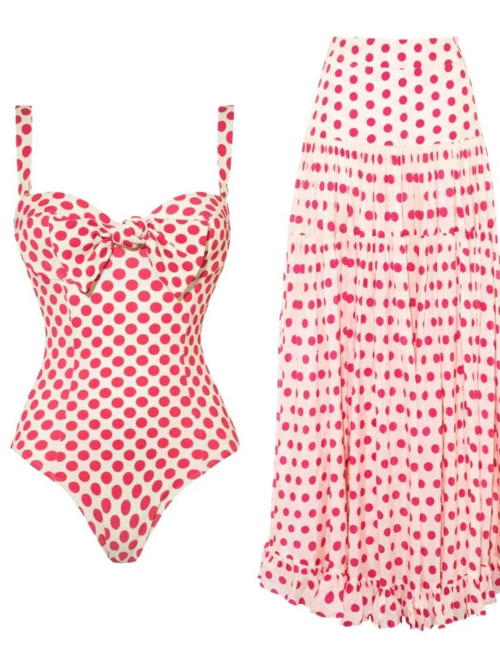 Women's Sweetheart Ruffle Bow Swimsuit & Skirt Set Polka Dot Hearts Print S-XL