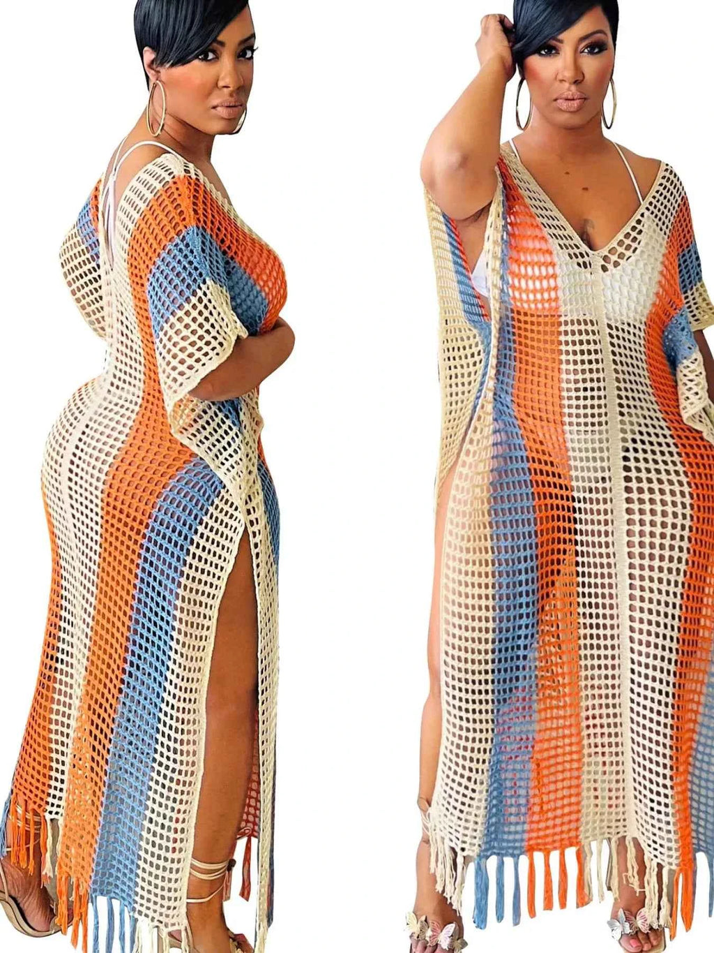 Women's Striped Crochet Fringe Split Openwork Maxi Cover-Up Dress Sherbet S-2XL
