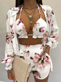 Women's Plus Size Halter Cami Shirt & Shorts 3-Piece Set Smocked Frill S-3XL Ivory
