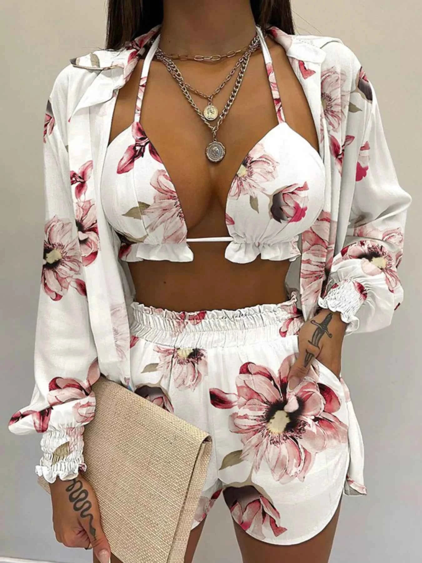 Women's Plus Size Halter Cami Shirt & Shorts 3-Piece Set Smocked Frill S-3XL Ivory