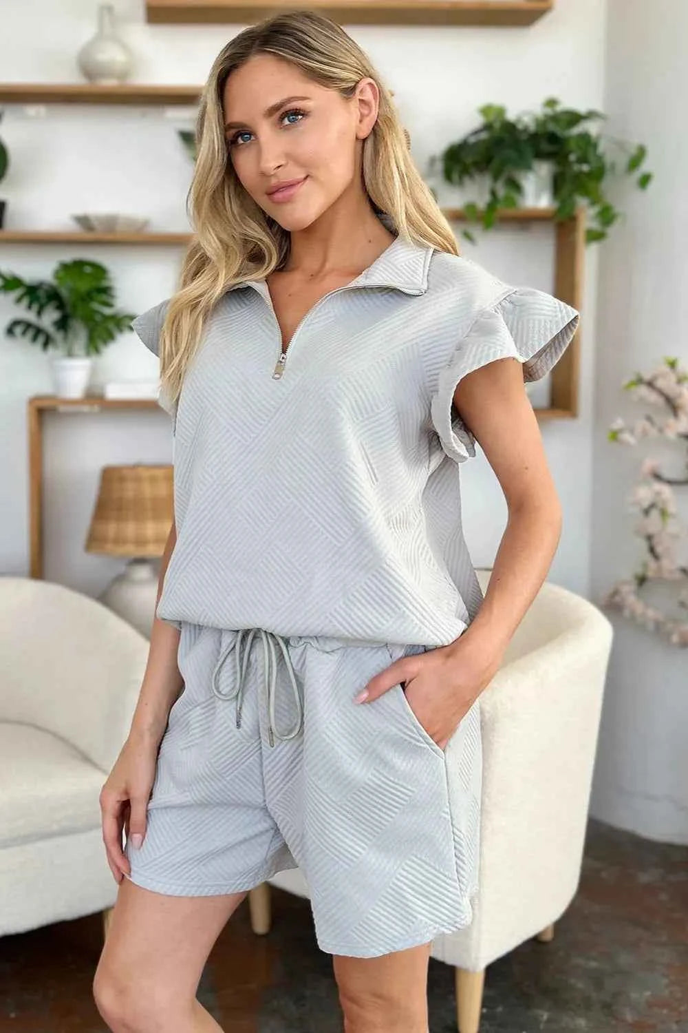 Women's Double Take Flounce Sleeve V-neck Top Shorts Set Two-Piece Multi Colors S-3XL