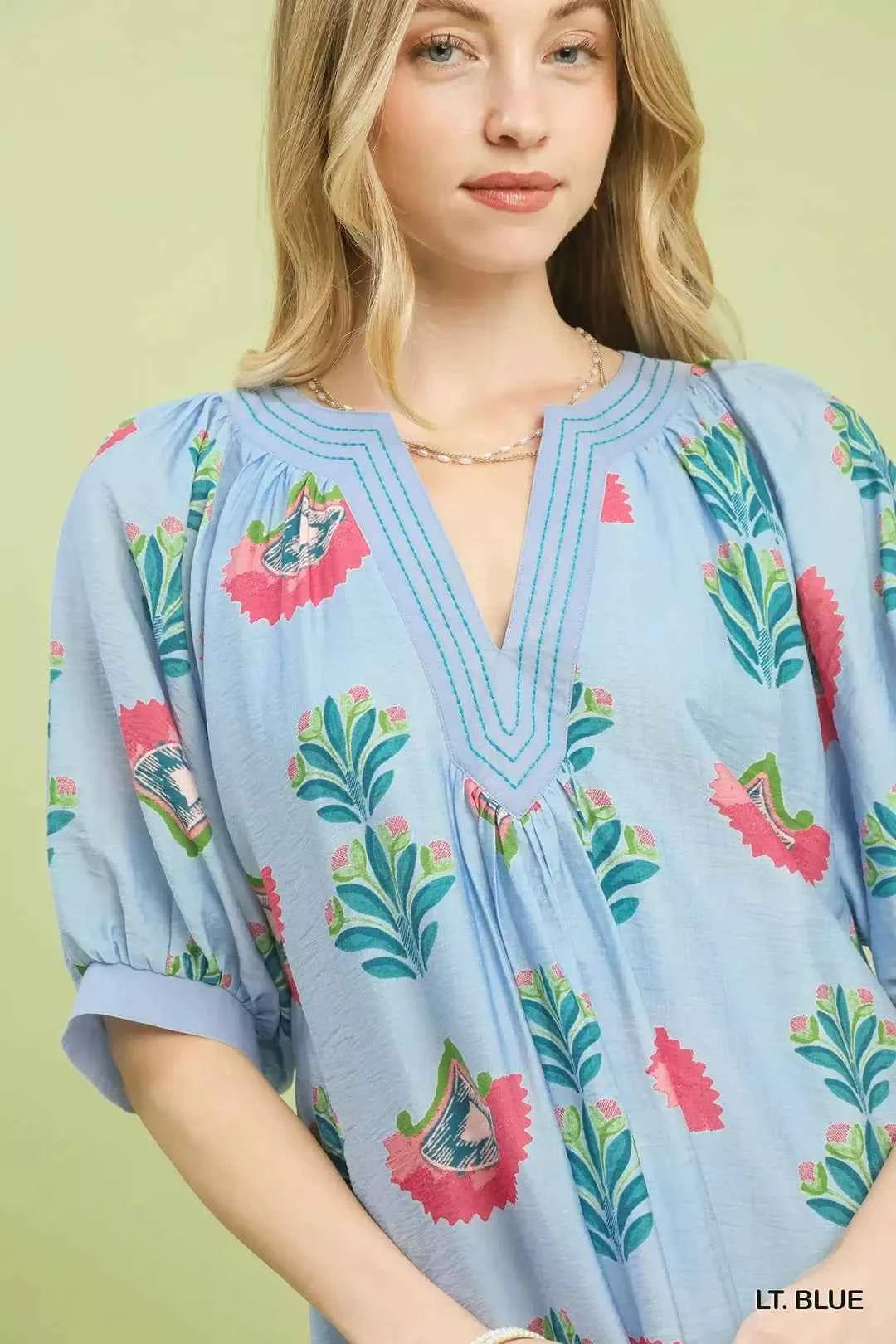 Umgee Women's Bold Abstract Print Mini V-neck Dress Casual Chic Light Blue S-L
