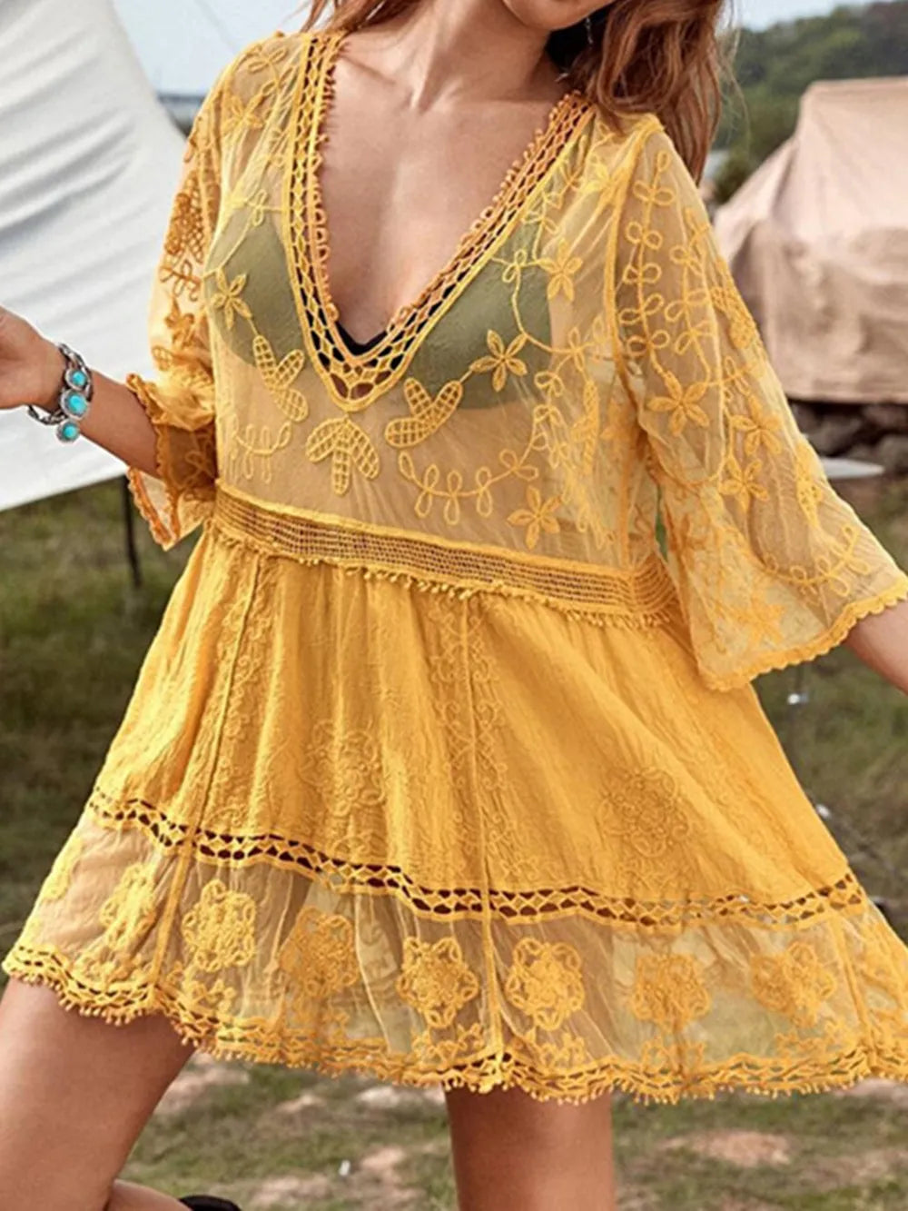 Women's Lace Detail Plunge Cover-Up Dress 5 Colors One Size Cover-Ups - Swimwear
