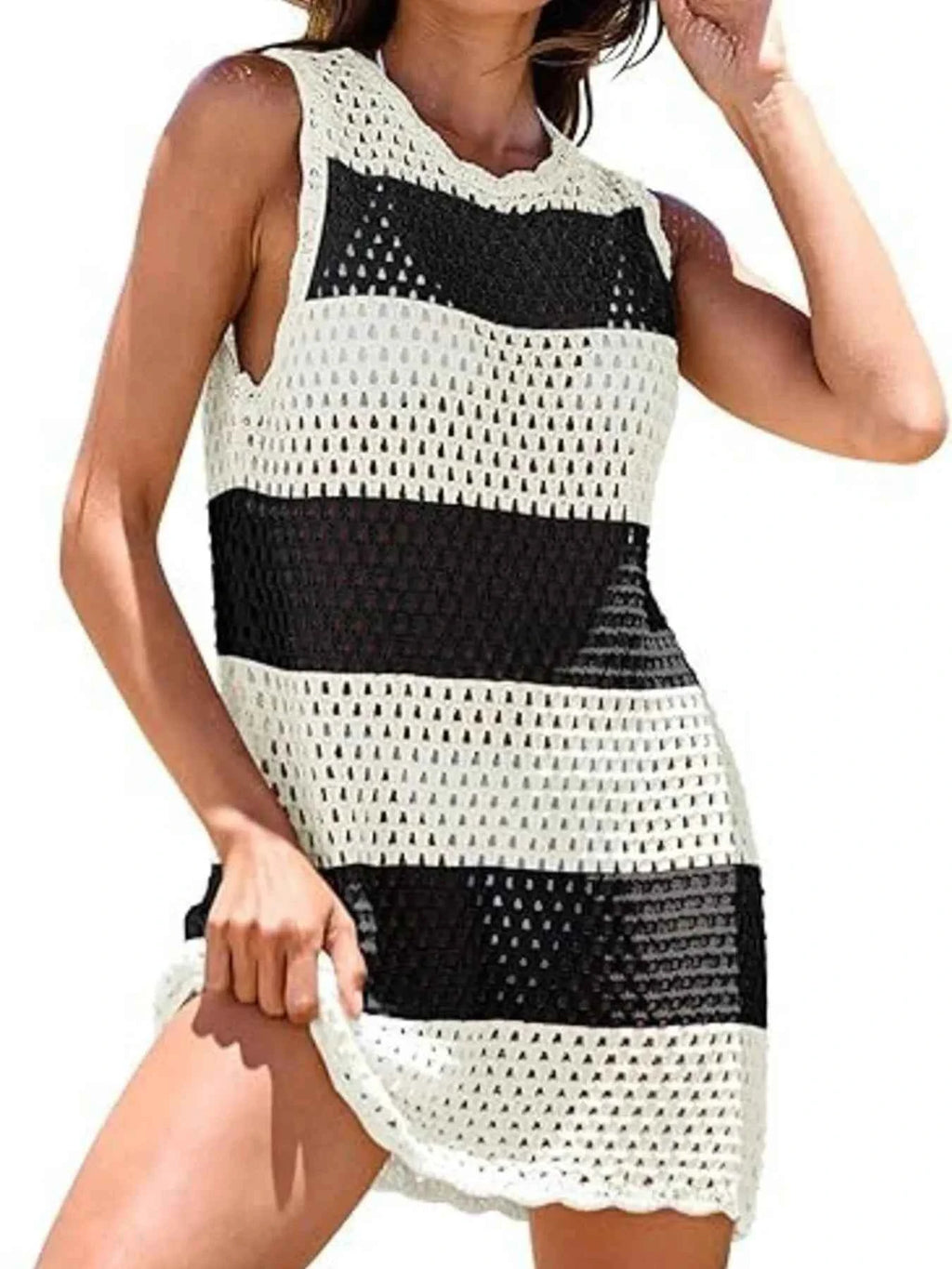 Women's Color Block Openwork Sleeveless Cutout Back Cover-Up Multi S-2XL