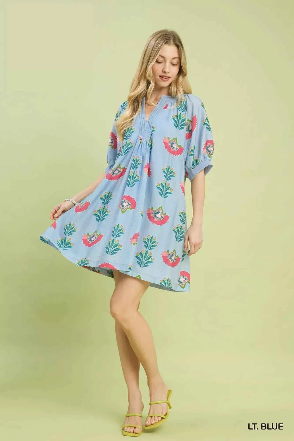 Umgee Women's Bold Abstract Print Mini V-neck Dress Casual Chic Light Blue S-L