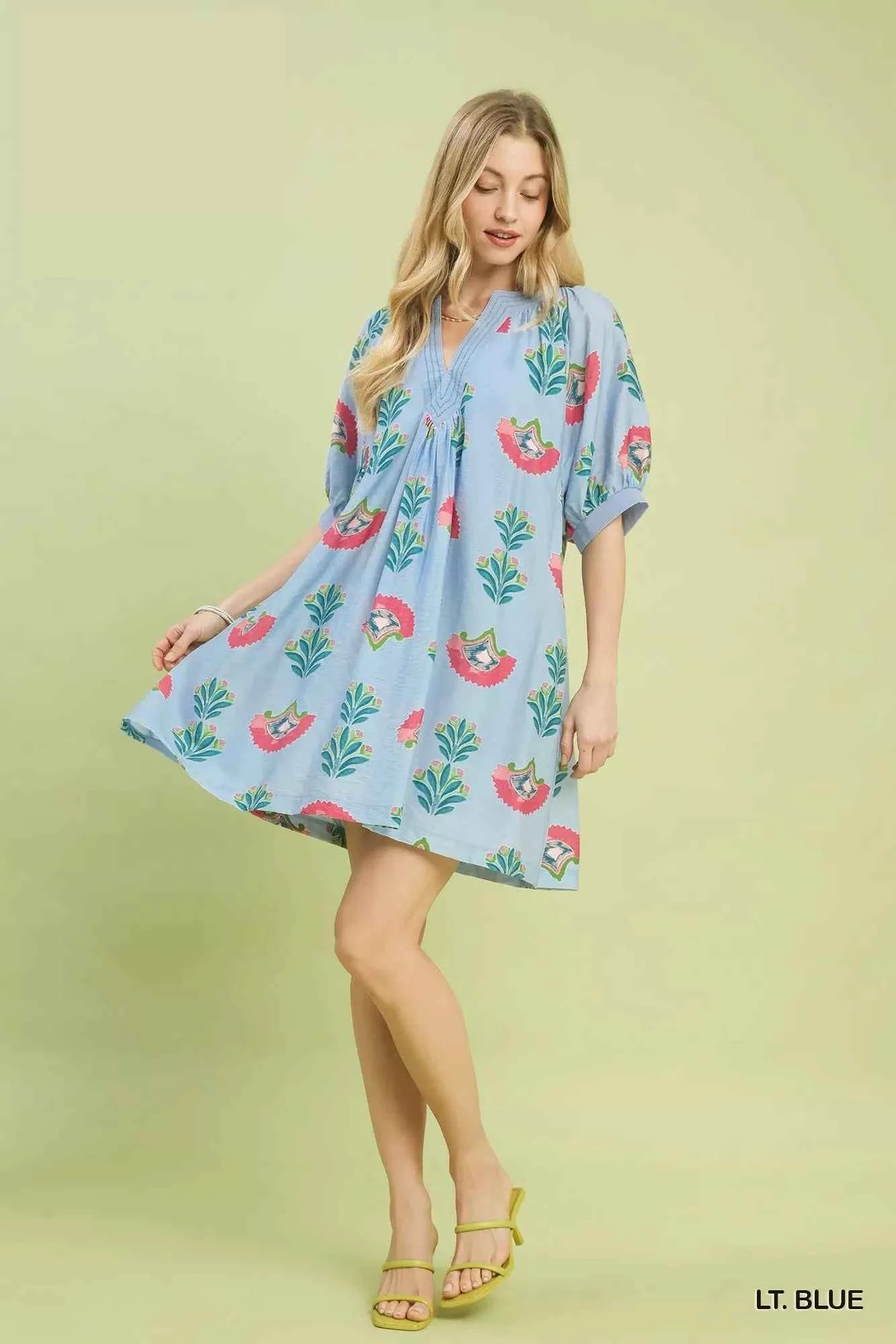 Umgee Women's Bold Abstract Print Mini V-neck Dress Casual Chic Light Blue S-L
