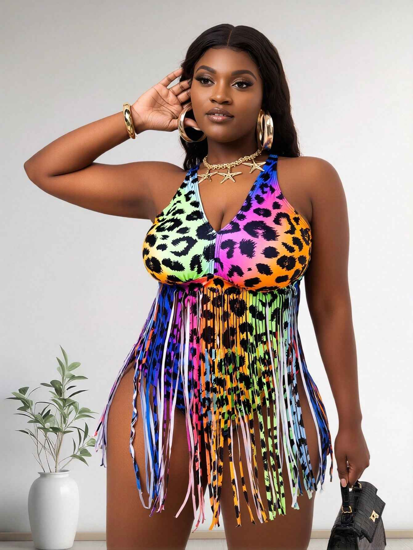 2026 New Plus Size Rainbow Leopard Fringe One-Piece Swimsuit