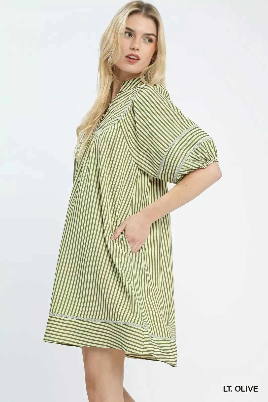Women's Umgee Striped Puff Sleeve Shift Dress Lined Pockets Lt Olive S-L