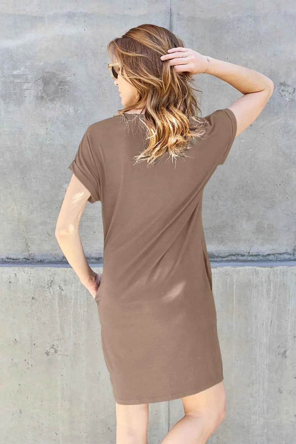 Basic Bae Women's Round Neck Short Sleeve Midi Dress Pockets Multi ColorsS-3XL