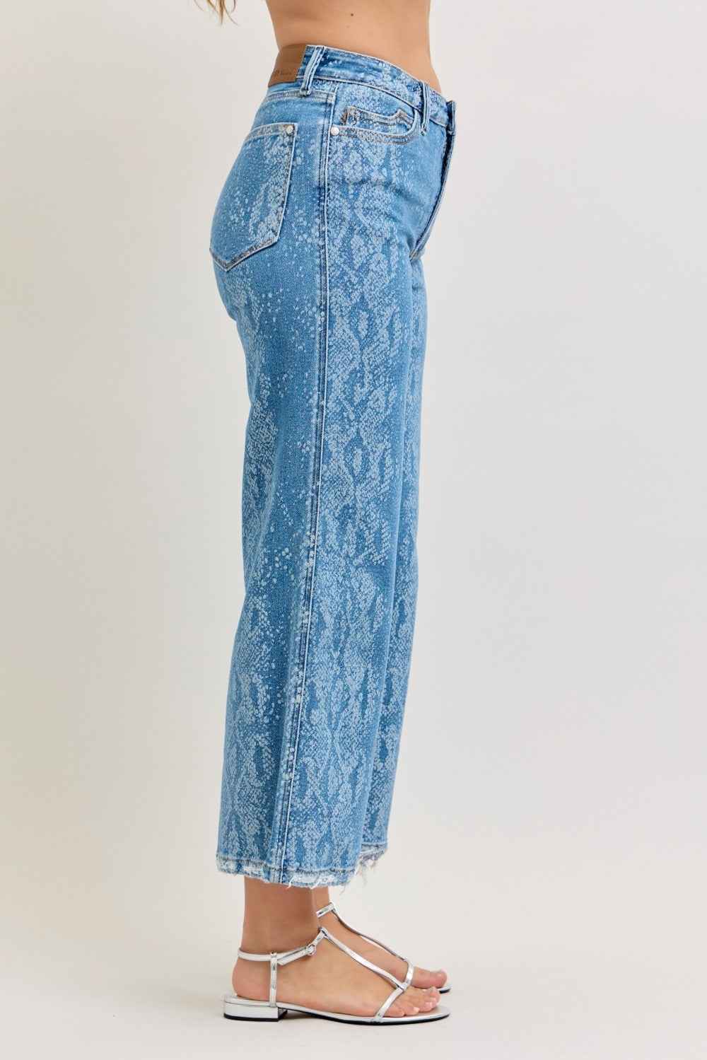 Judy Blue Women's High Rise Ankle Wide Leg Jeans Raw Hem Print 0-15