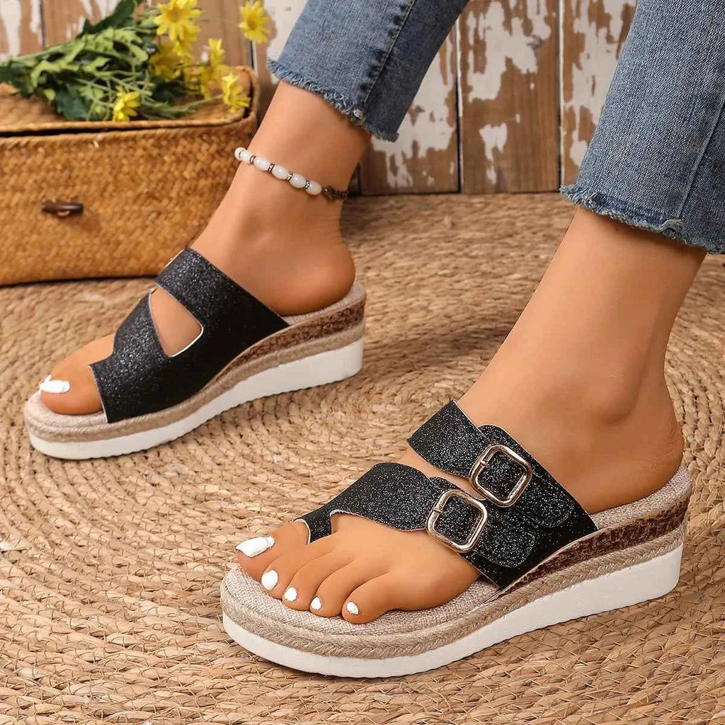 Women's Double Buckle Mid Wedge Sandals Boho Open Toe Silver Black Gold US 5-11
