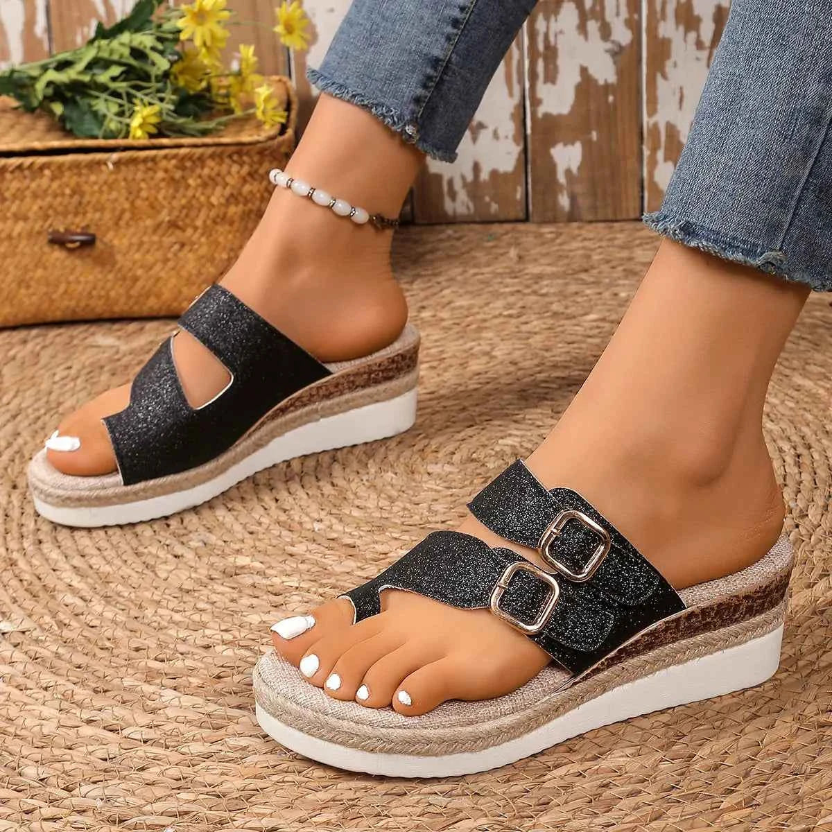 Women's Double Buckle Mid Wedge Sandals Boho Open Toe Silver Black Gold US 5-11